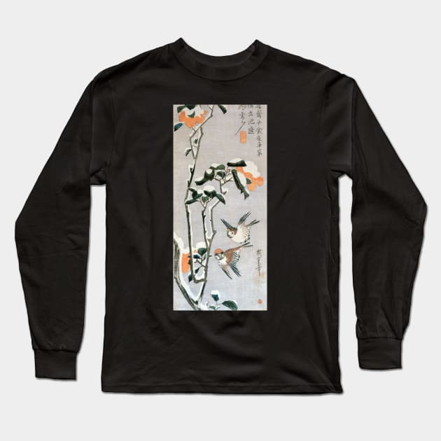 Sparrows and Camellia in Snow Long Sleeve T-Shirt by MasterpieceCafe
